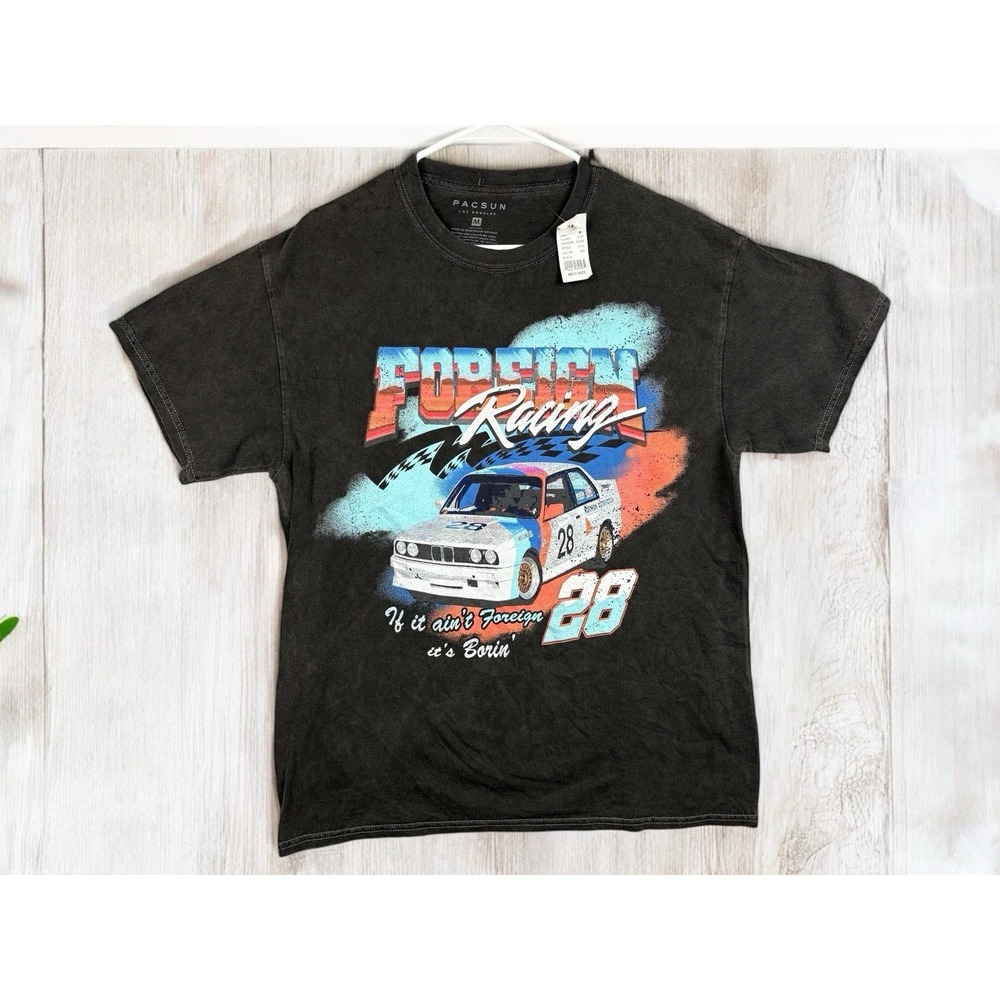 Pacsun Mens Short Sleeve Crew Neck Black Foreign Racing Shirt Size M‎ NWT
